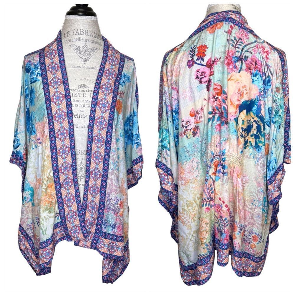 Tolani Collection Raelyn Colorful Floral Print Kimono Top Purple White Blue M